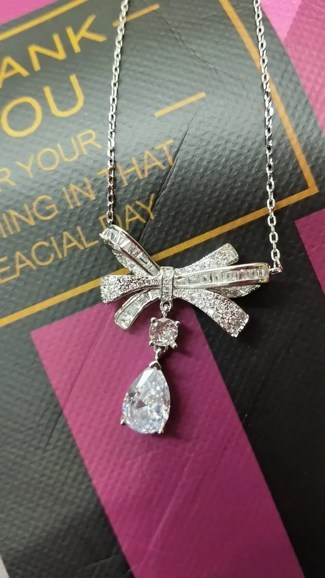 Silver Transparent Bow-Shaped Pendant Pave-Set Crystals Necklace 6