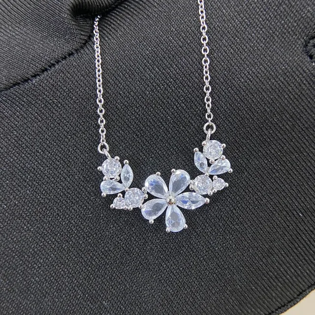 Silver Transparent Floral Motif Crystal Pavé Necklace 5