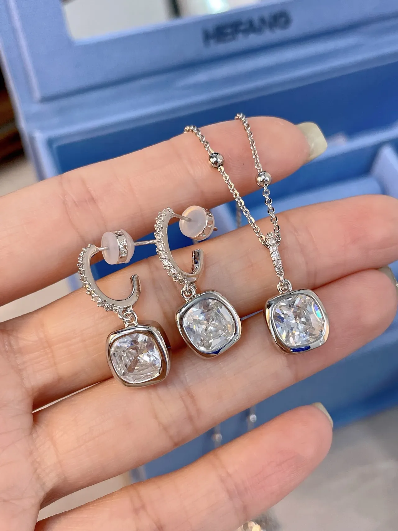 Silver Transparent Huggie Hoop Pavé-Set Earrings 4