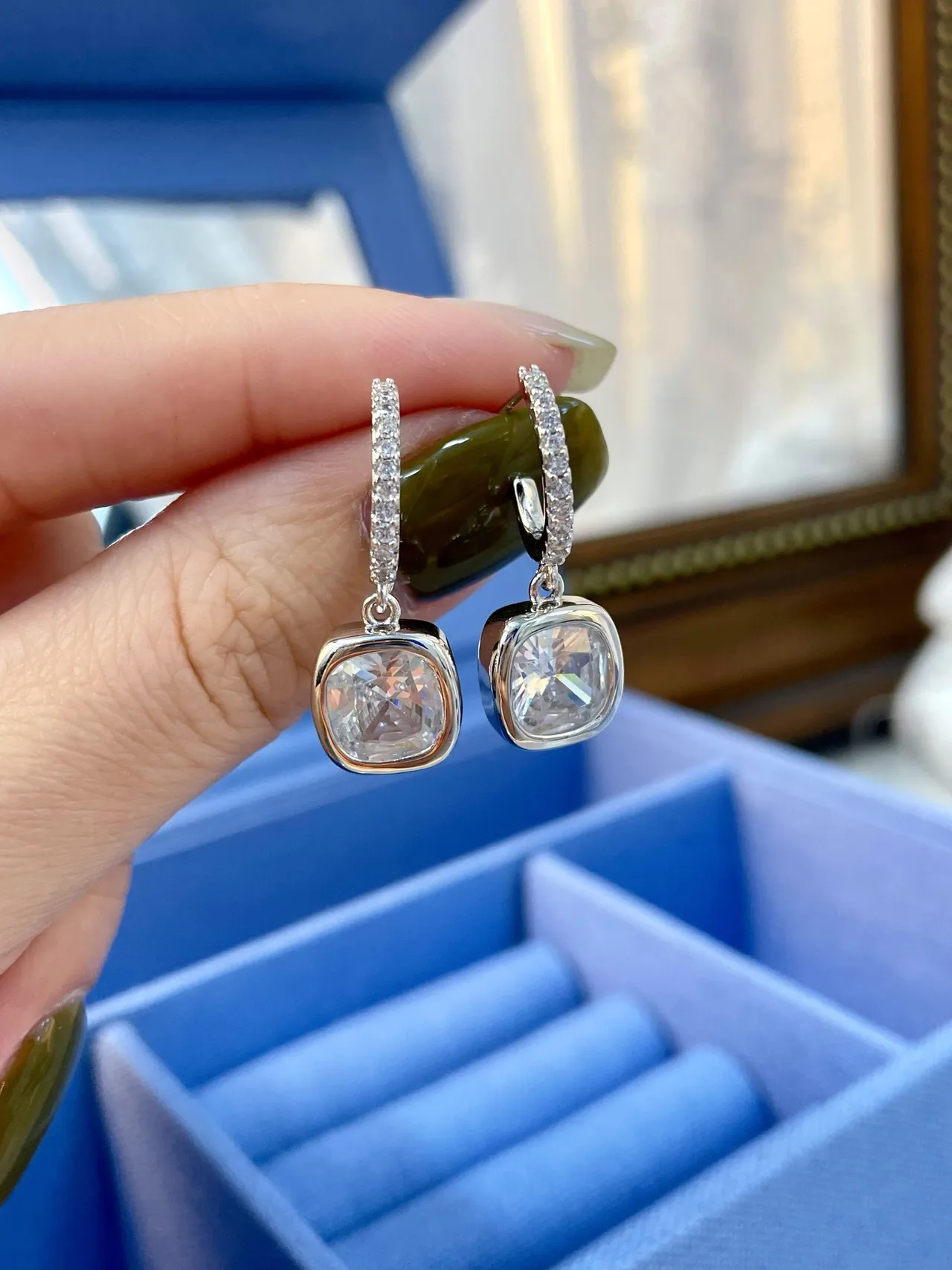 Silver Transparent Huggie Hoop Pavé-Set Earrings 6