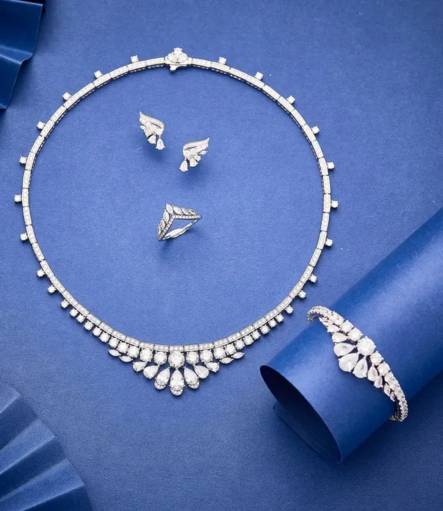 Silver White Bib-Style Pavé-Set Necklace 6