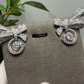 Silver White Bow Motif Pavé-Set Diamonds Earrings