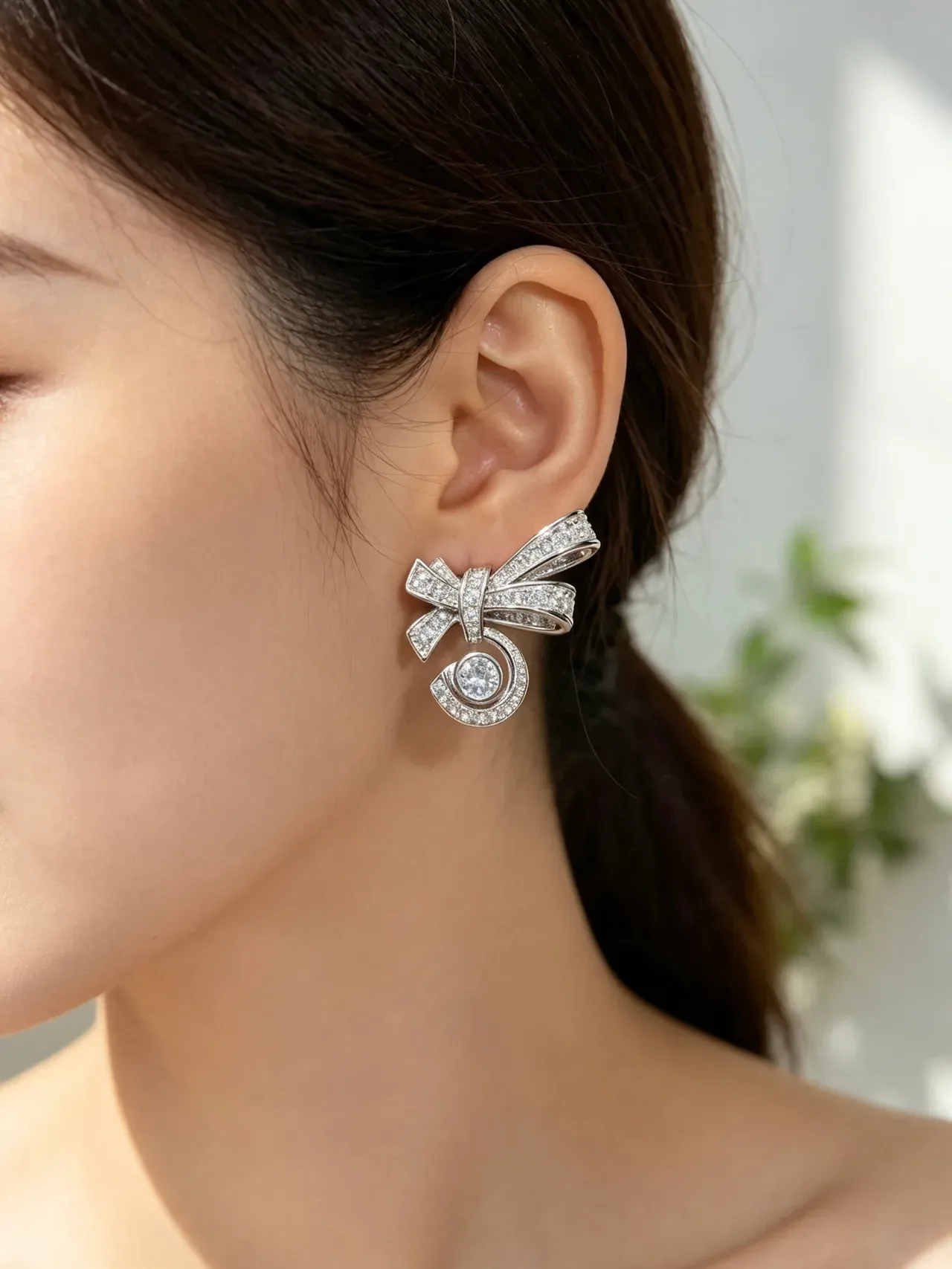 Silver White Bow Motif Pavé-Set Diamonds Earrings 2