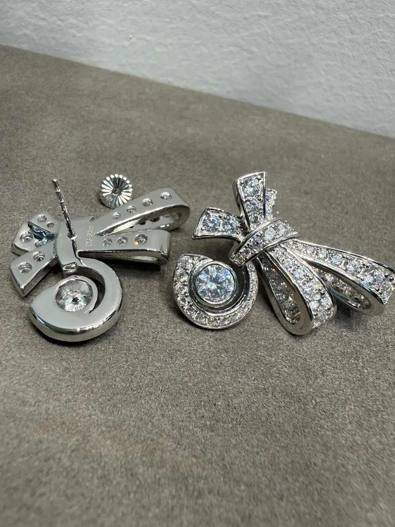 Silver White Bow Motif Pavé-Set Diamonds Earrings 4