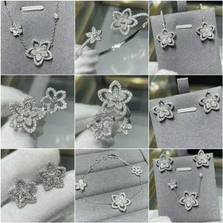 Silver White Flower-Shaped Pave Motif Multi-Piece Coordinated Set Necklace