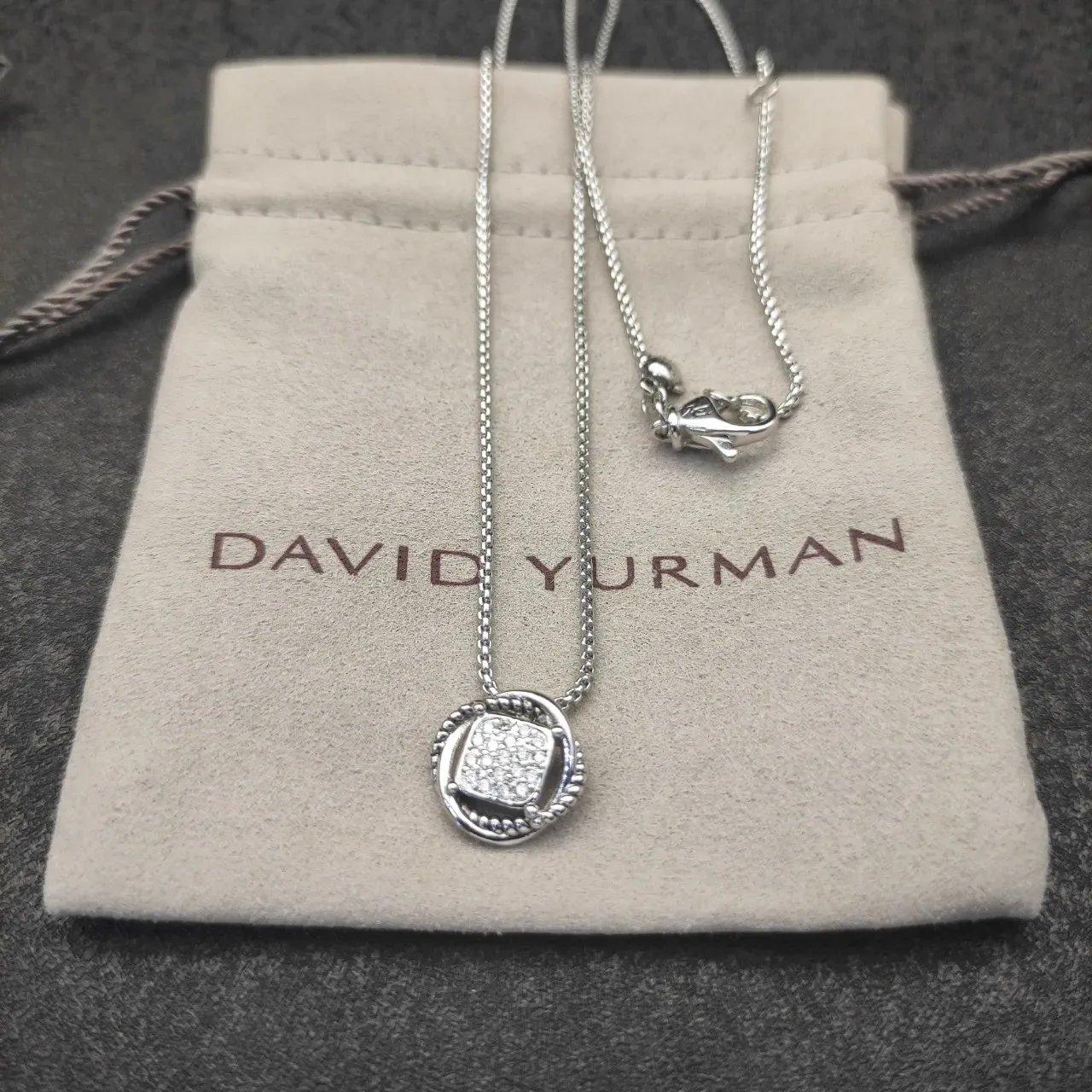 Silver White Pave-Set Square Pendant Twisted Rope Border Necklace 3