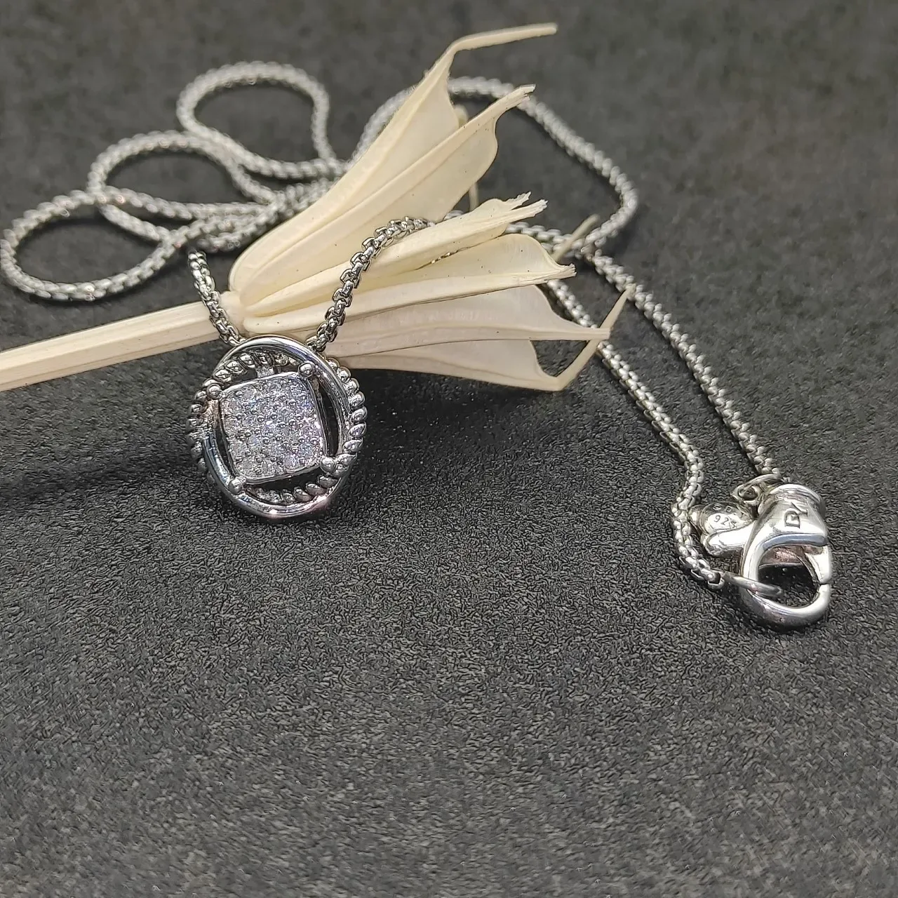 Silver White Pave-Set Square Pendant Twisted Rope Border Necklace 5