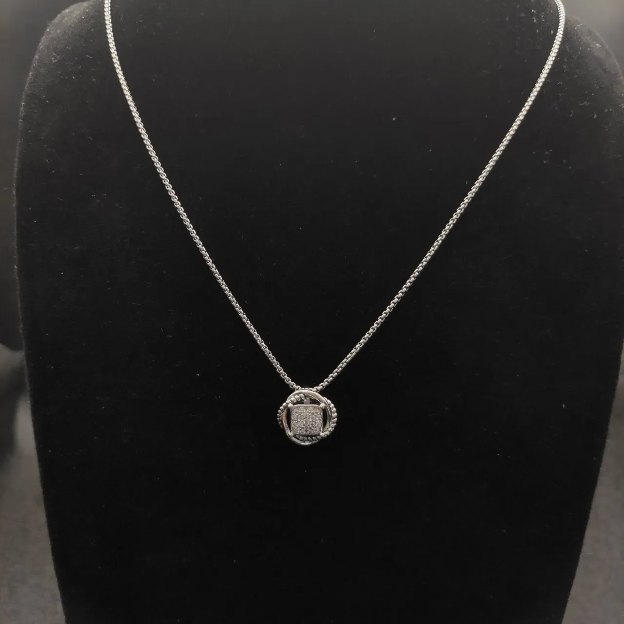 Silver White Pave-Set Square Pendant Twisted Rope Border Necklace 6