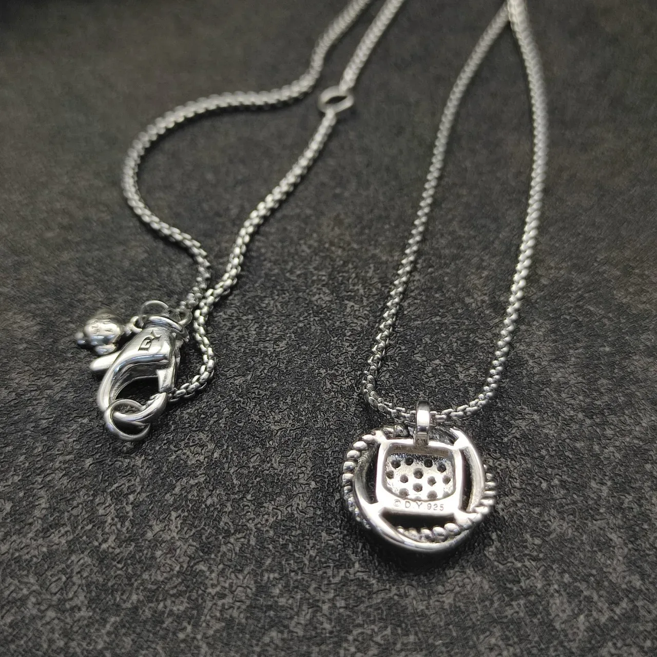 Silver White Pave-Set Square Pendant Twisted Rope Border Necklace 7