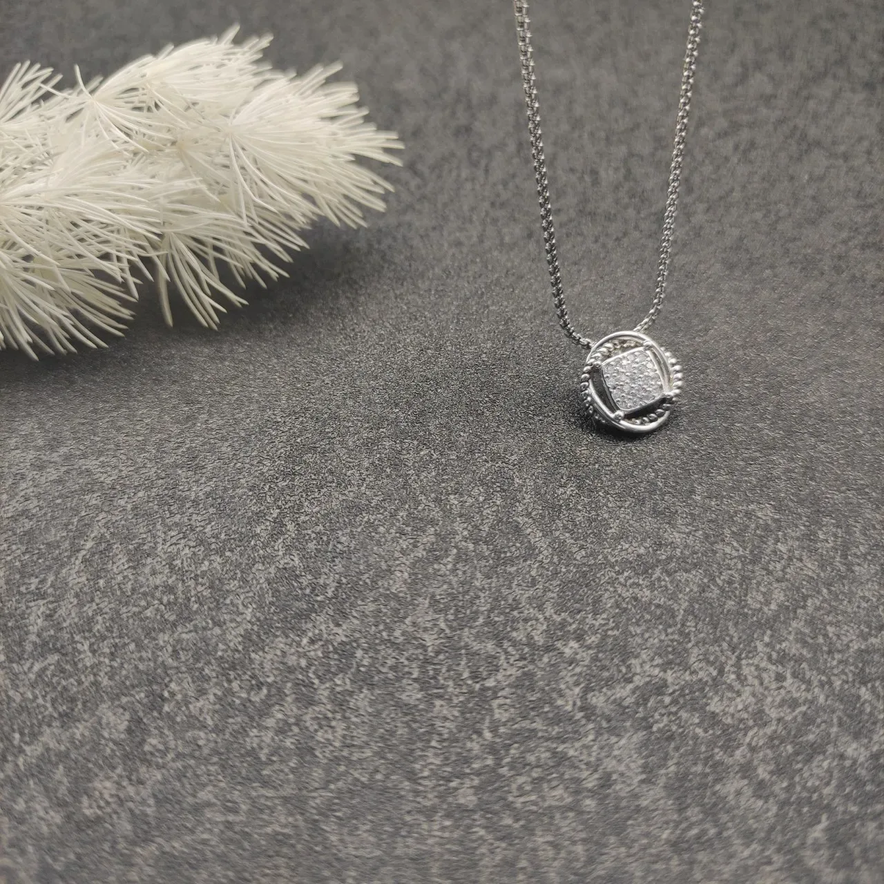 Silver White Pave-Set Square Pendant Twisted Rope Border Necklace 8