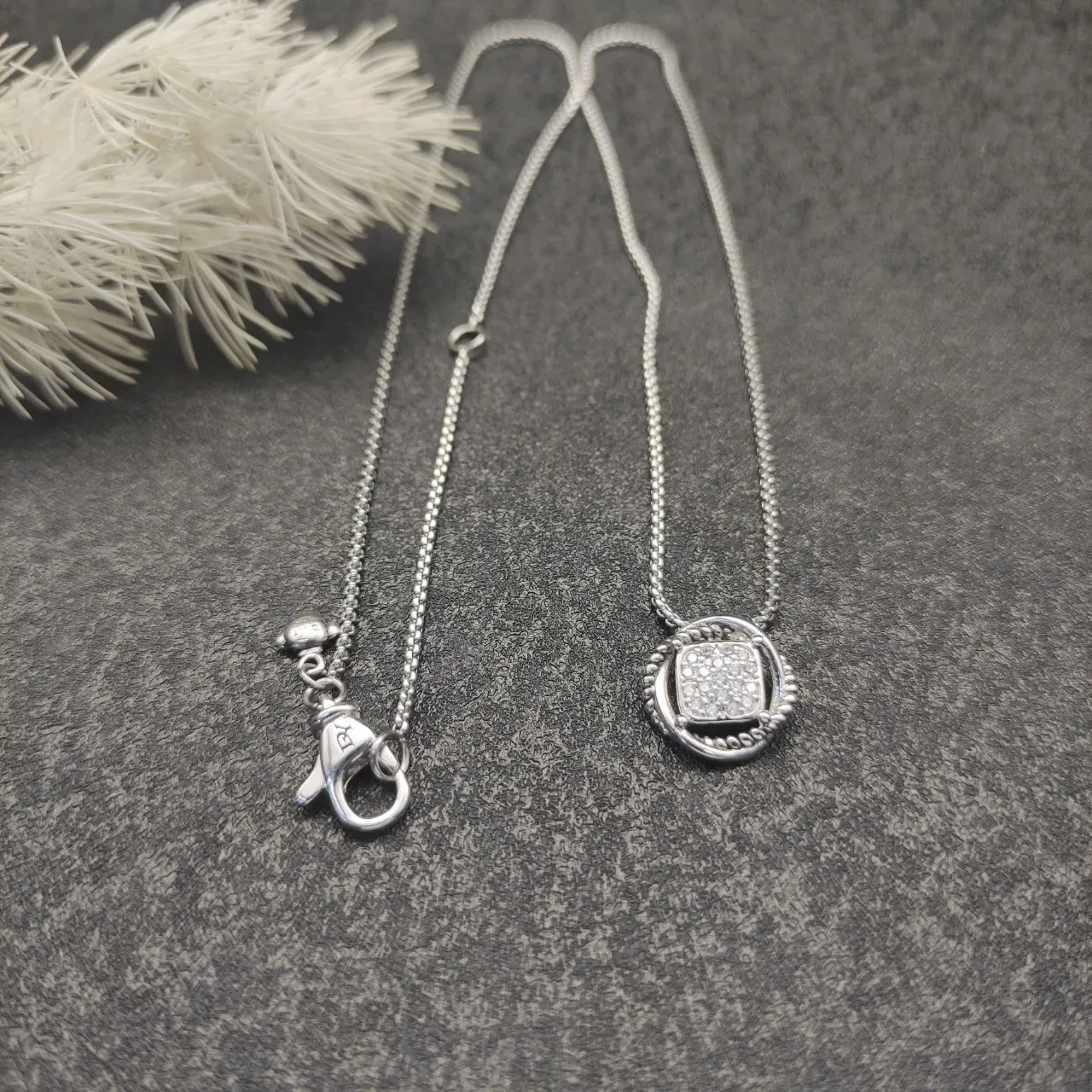 Silver White Pave-Set Square Pendant Twisted Rope Border Necklace 9