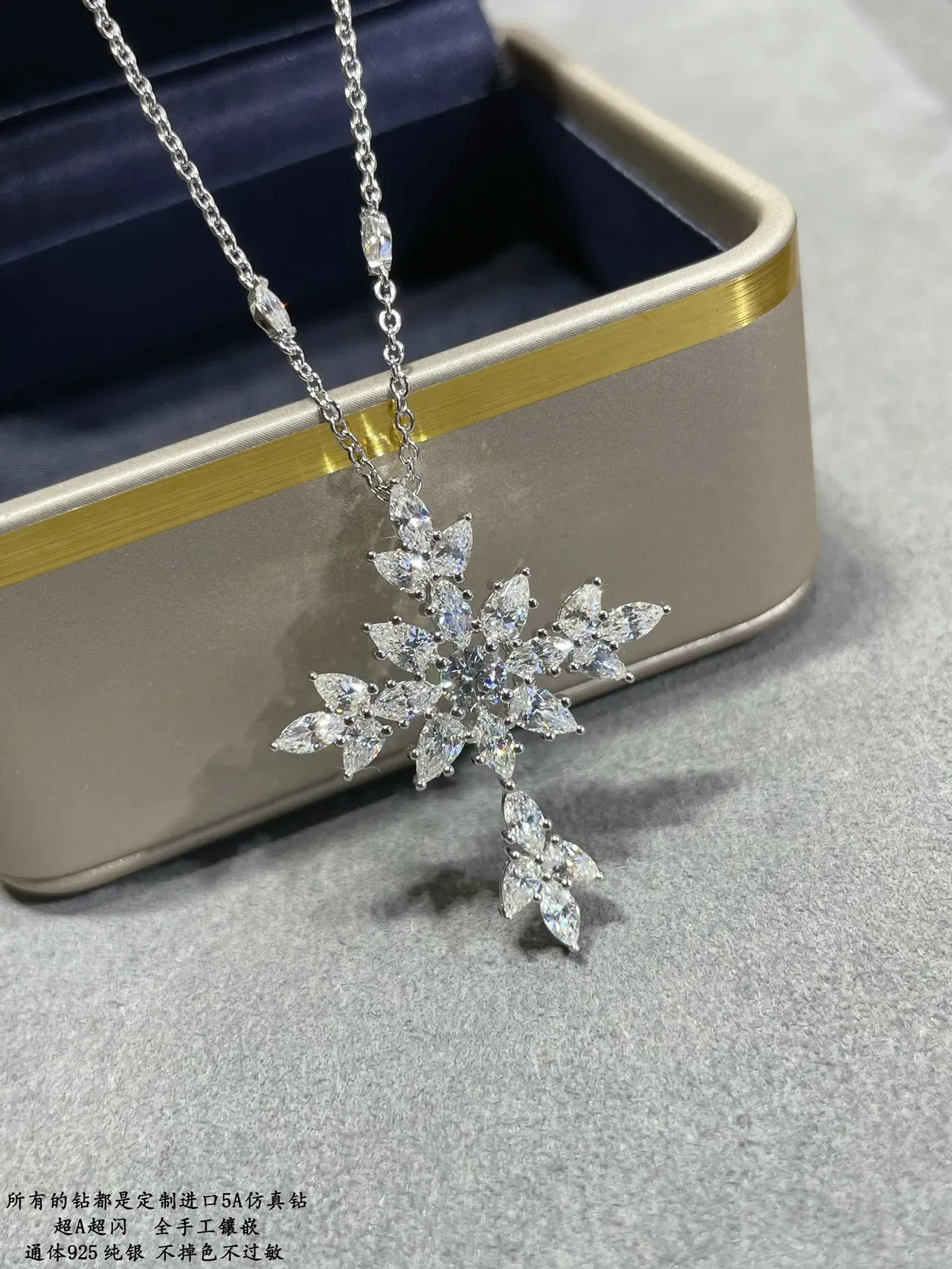 Silver White Snowflake Pendant Marquise-Cut Stones Necklace 3