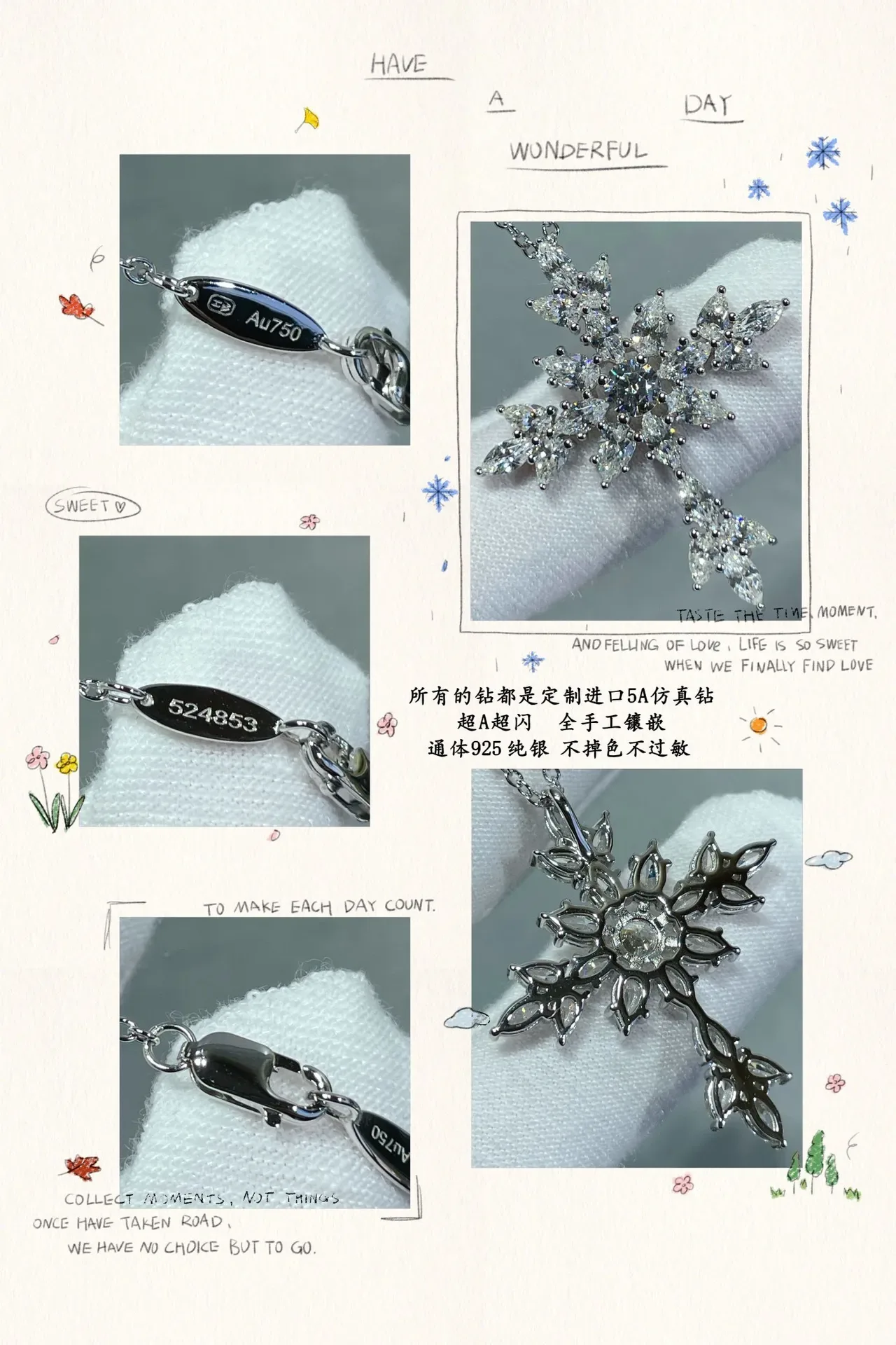 Silver White Snowflake Pendant Marquise-Cut Stones Necklace 5