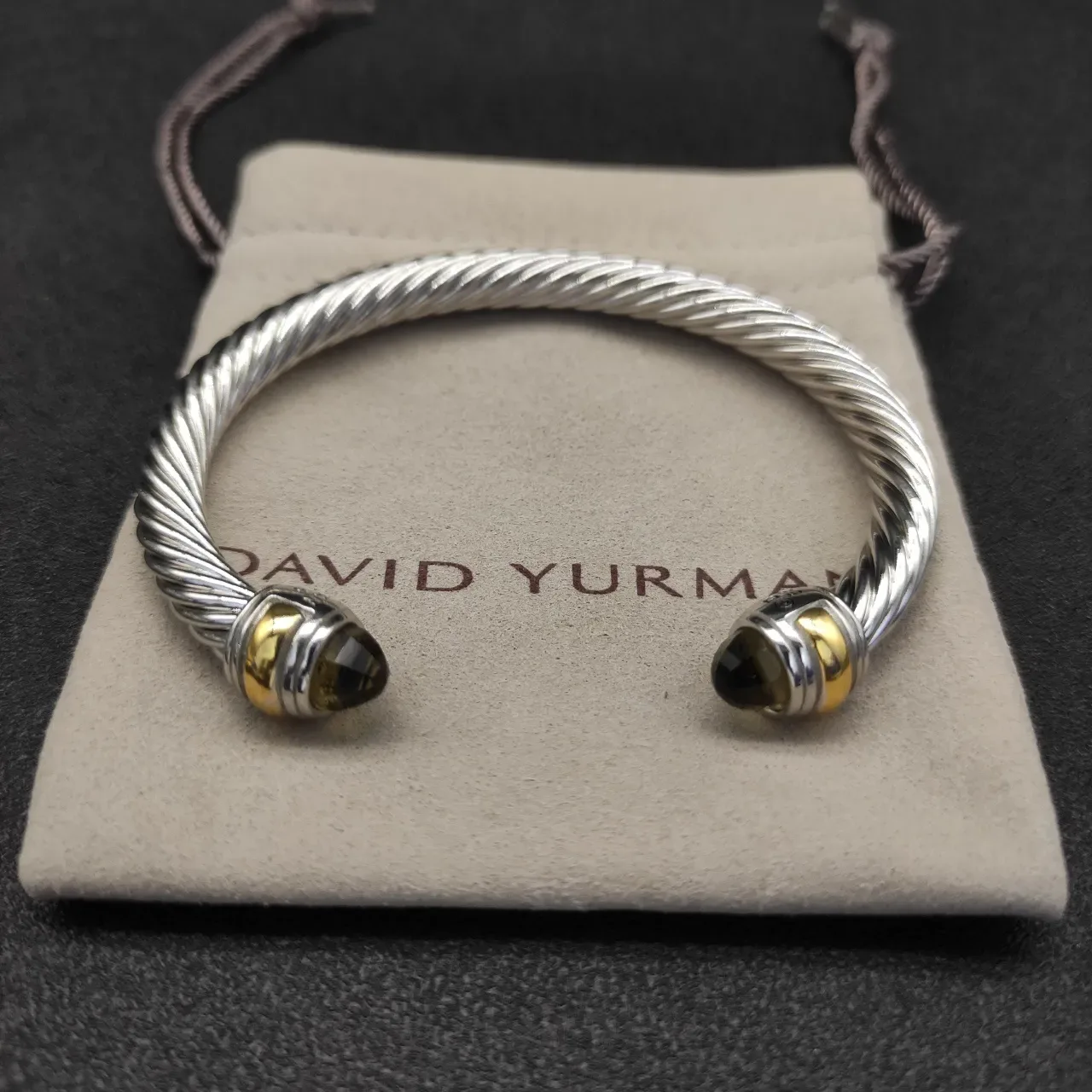Silver Yellow Twisted Cable Metal Faceted Gemstone Terminals Bracelet 5