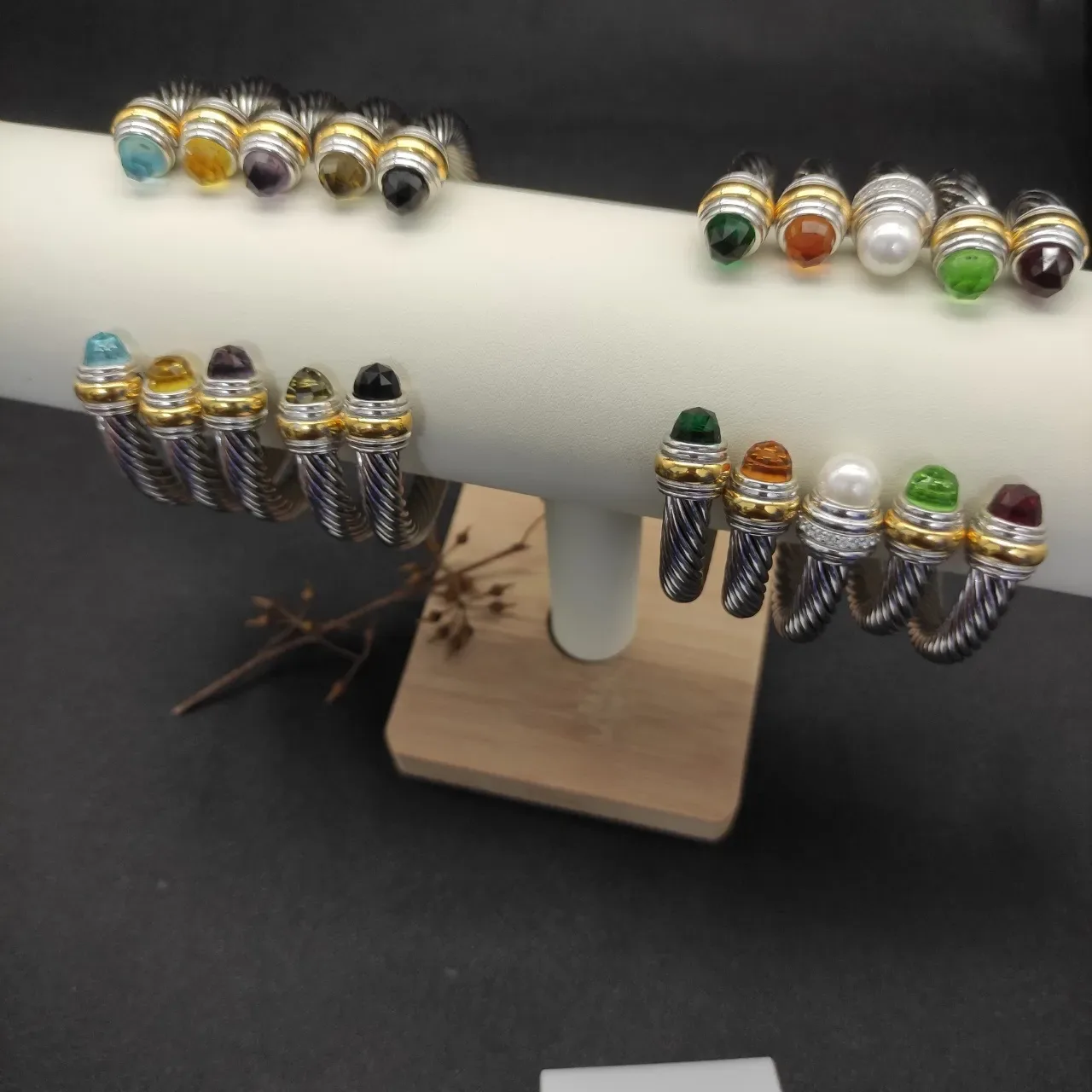 Silver Yellow Twisted Cable Metal Faceted Gemstone Terminals Bracelet 7