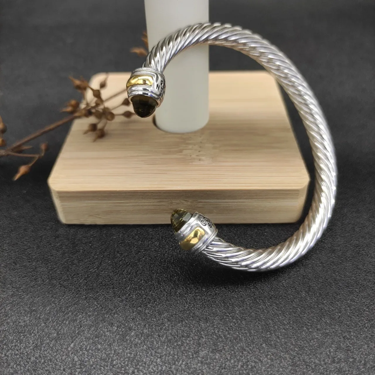 Silver Yellow Twisted Cable Metal Faceted Gemstone Terminals Bracelet 8