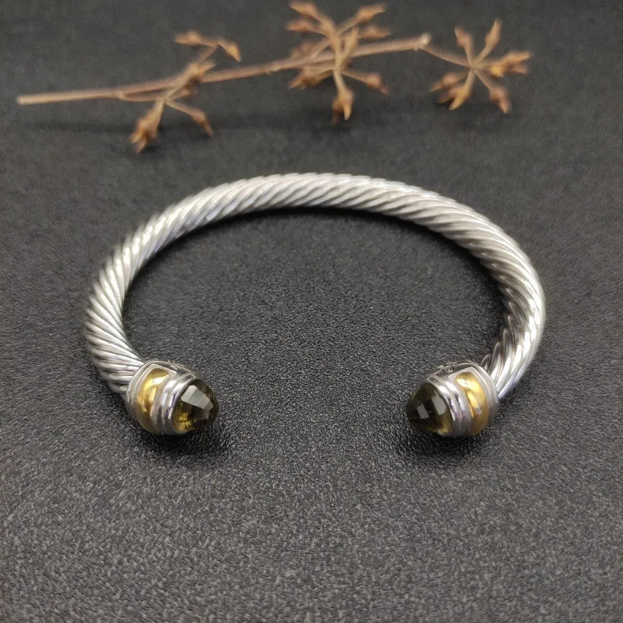Silver Yellow Twisted Cable Metal Faceted Gemstone Terminals Bracelet 9