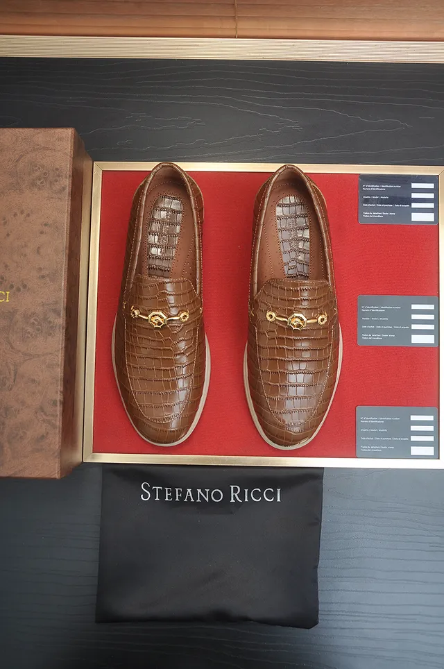 Stefano Ricci Brown Beige Crocodile-Embossed Leather Gold Horsebit Hardware Loafer 5
