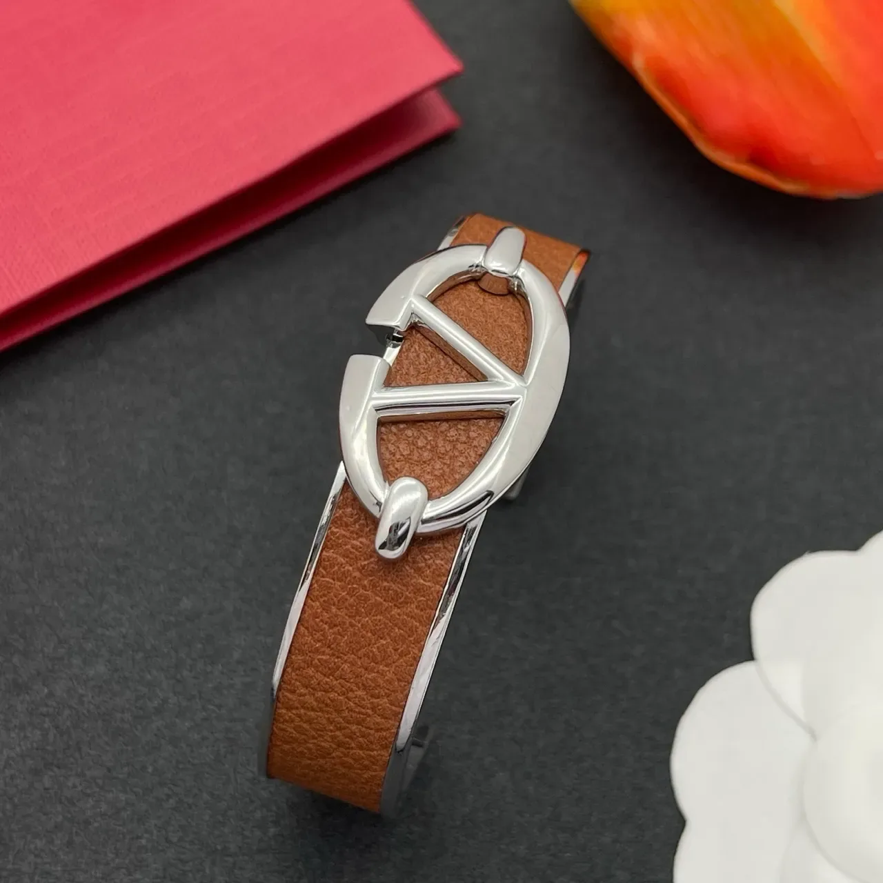 Tan Leather and Silver-Tone Logo Clasp Cuff Bracelet 6
