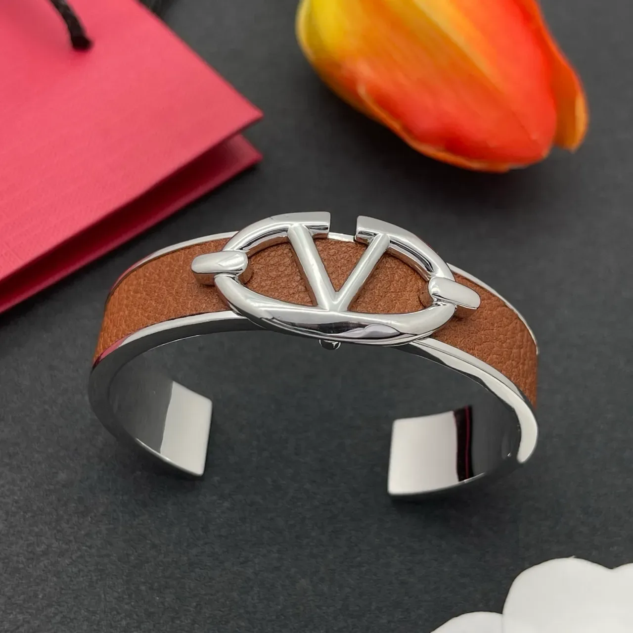 Tan Leather and Silver-Tone Logo Clasp Cuff Bracelet 7