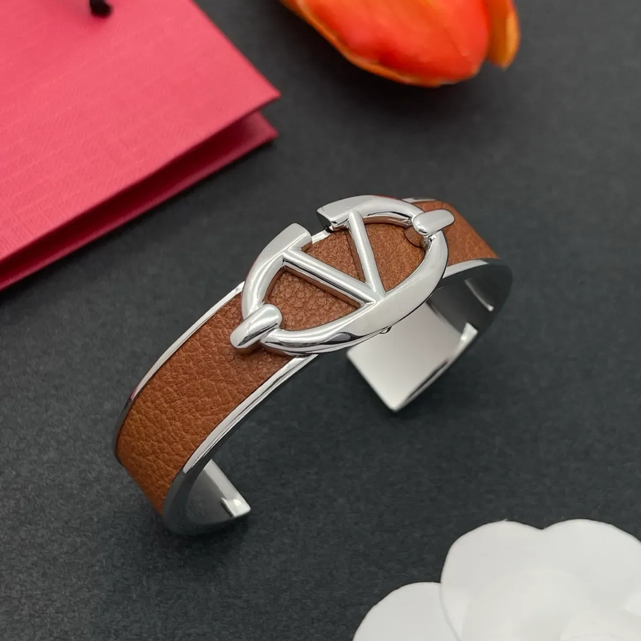 Tan Leather and Silver-Tone Logo Clasp Cuff Bracelet 8