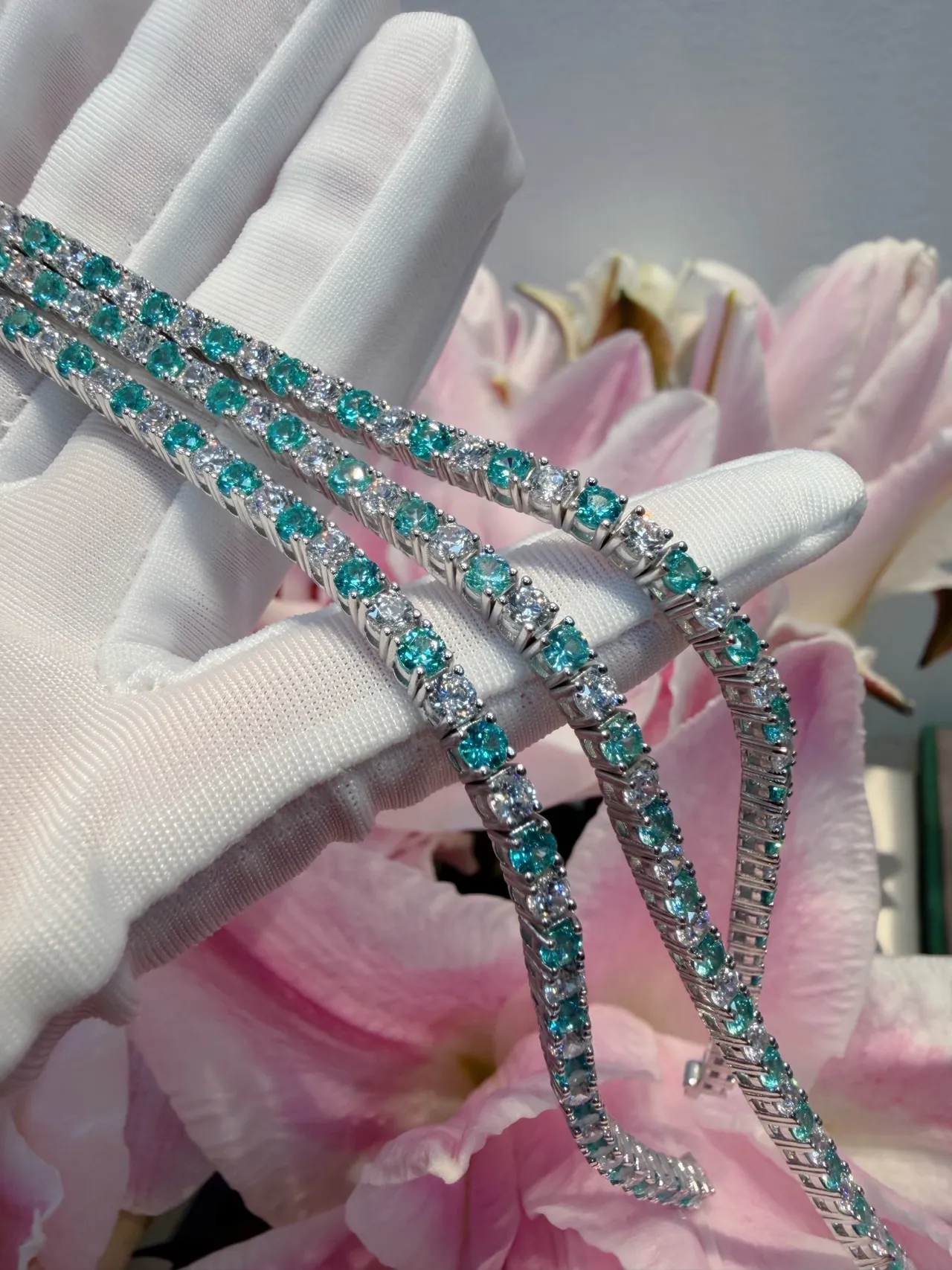 Teal and Clear Gemstone Alternating Eternity Bracelets 4