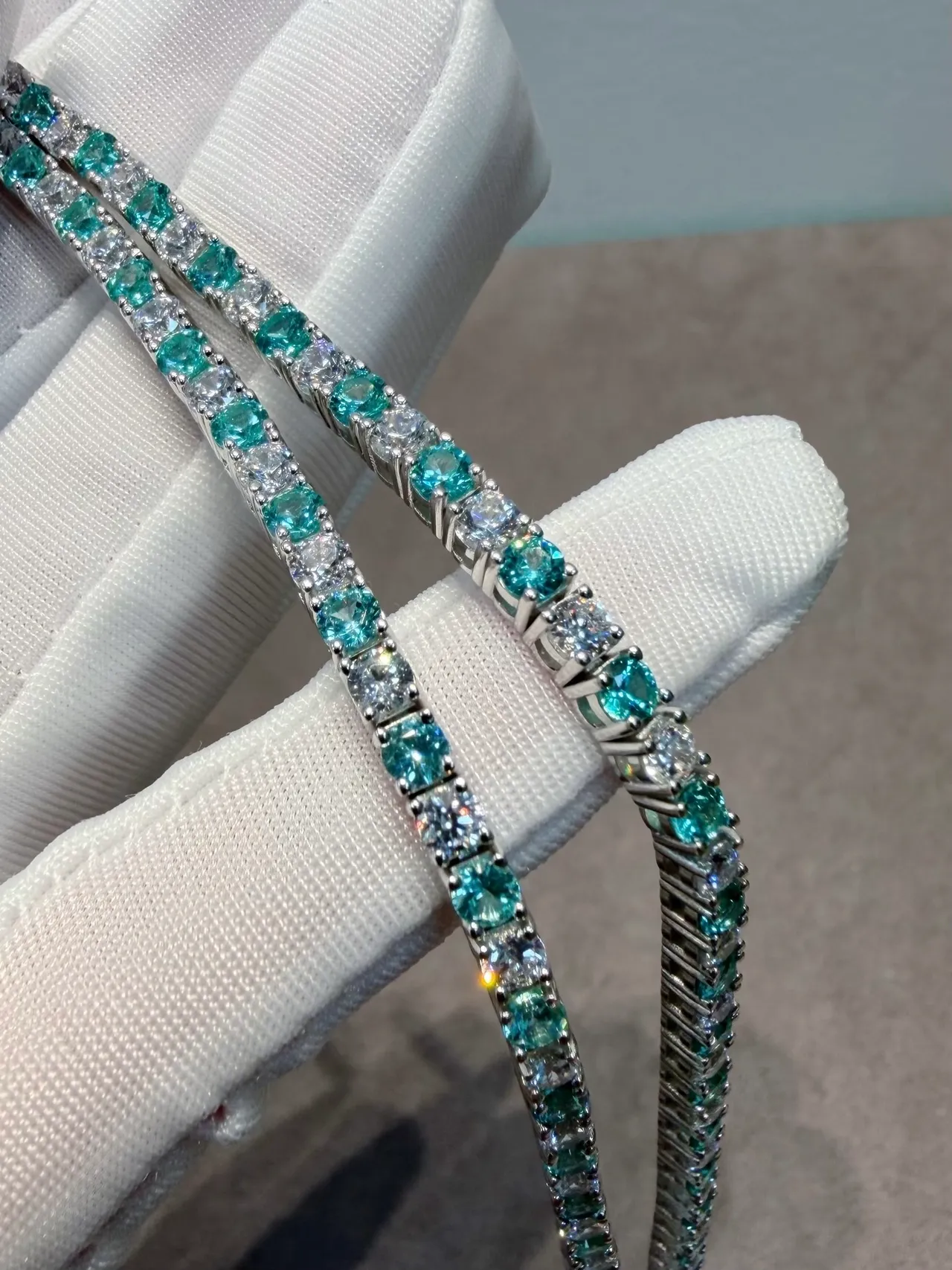 Teal and Clear Gemstone Alternating Eternity Bracelets 6
