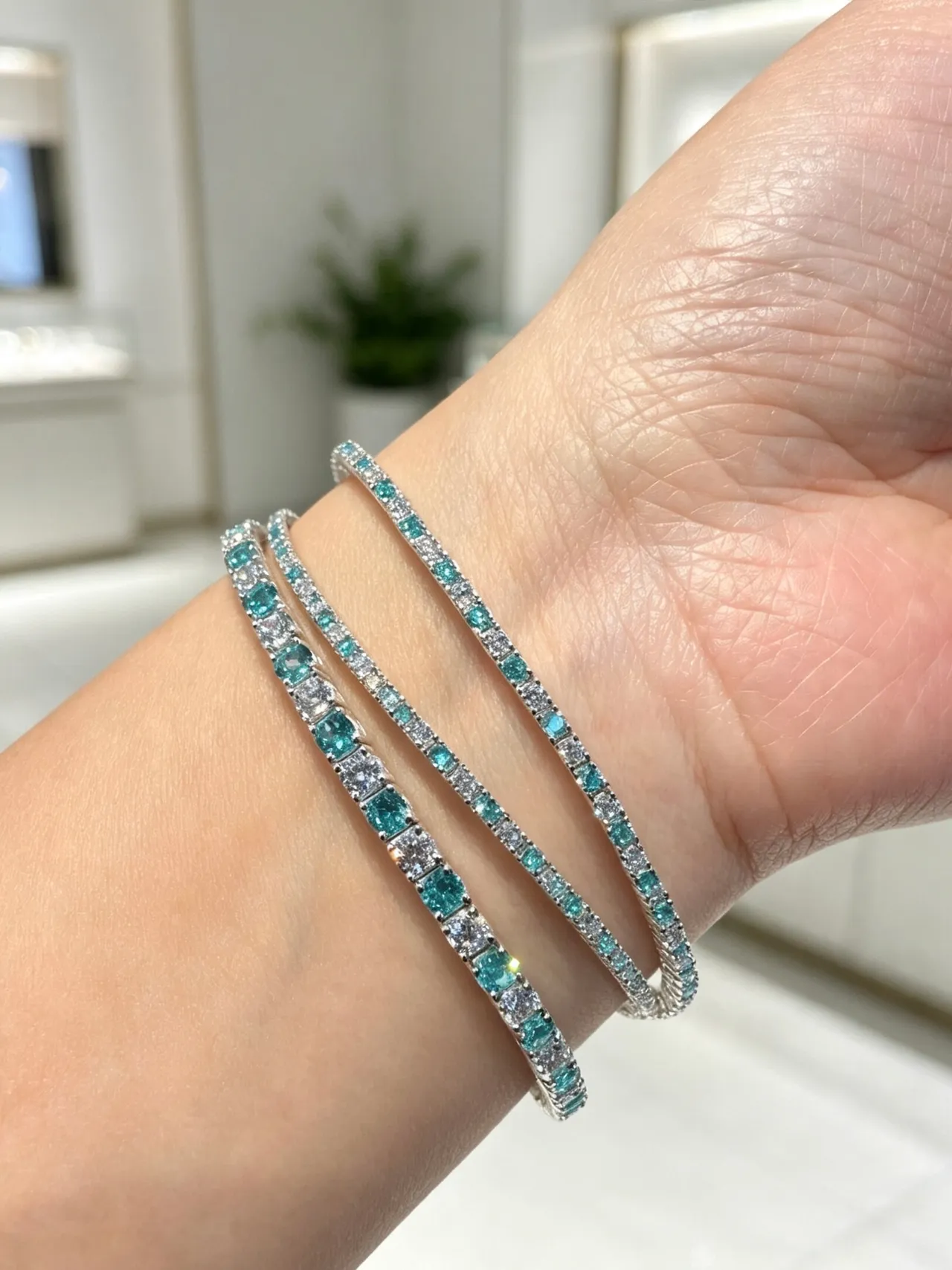 Teal and Clear Gemstone Alternating Eternity Bracelets 8
