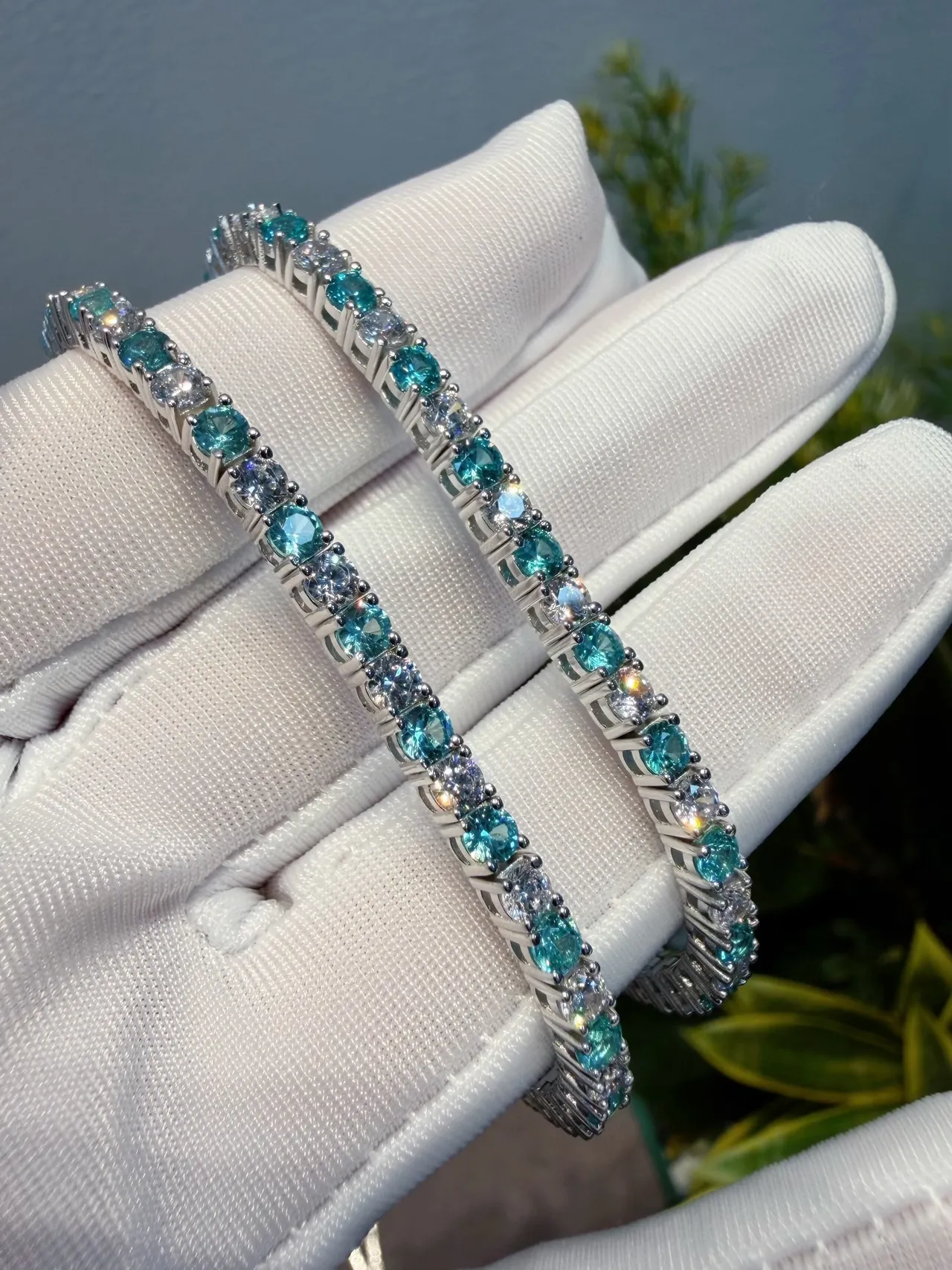 Teal and Clear Gemstone Alternating Eternity Bracelets 9