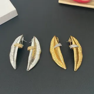 Textured Leaf-Shaped Pavé-Band Stud Earrings