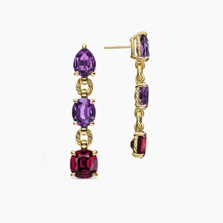 Three-Stone Purple and Red Gemstone Drop Earrings