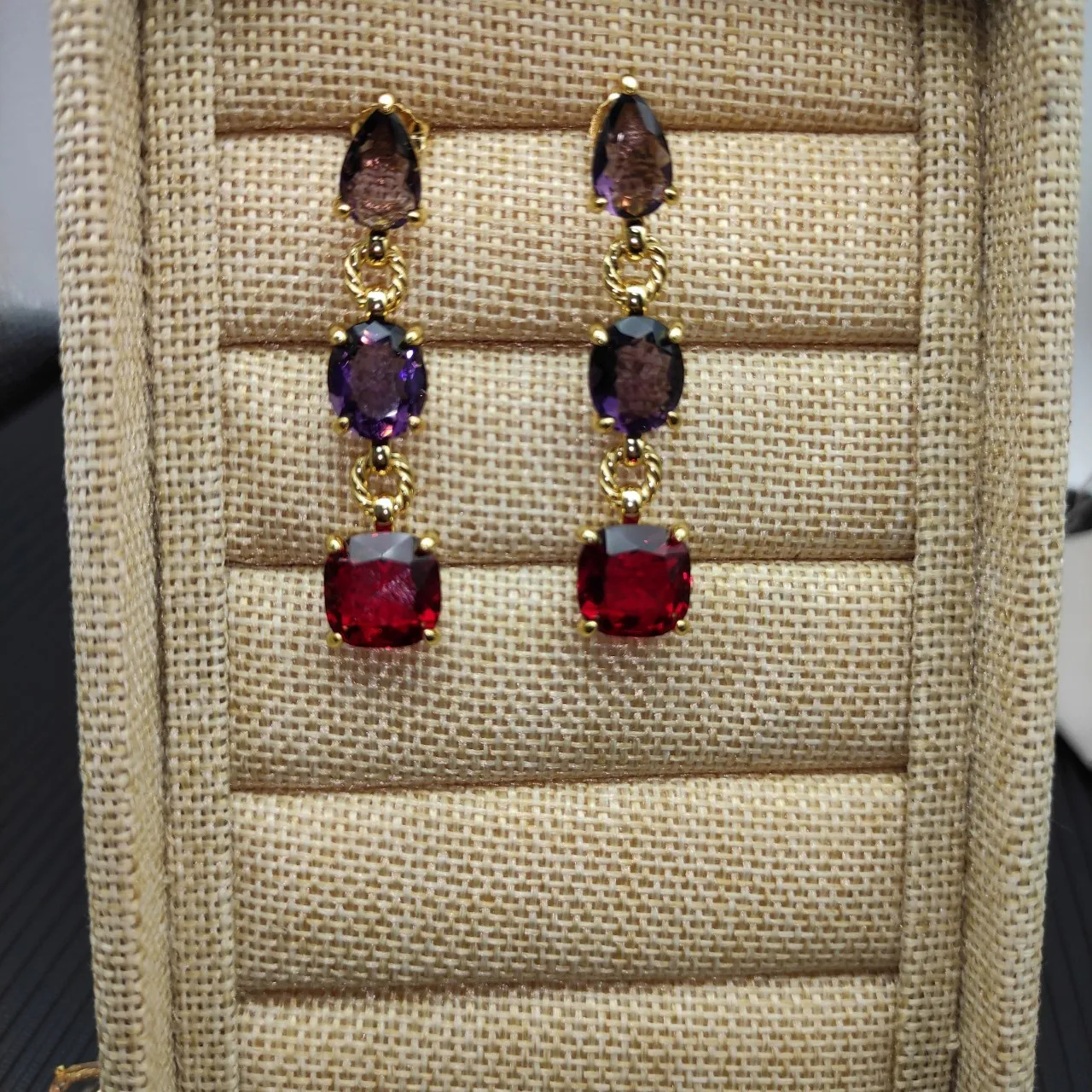 Three-Stone Purple and Red Gemstone Drop Earrings 3