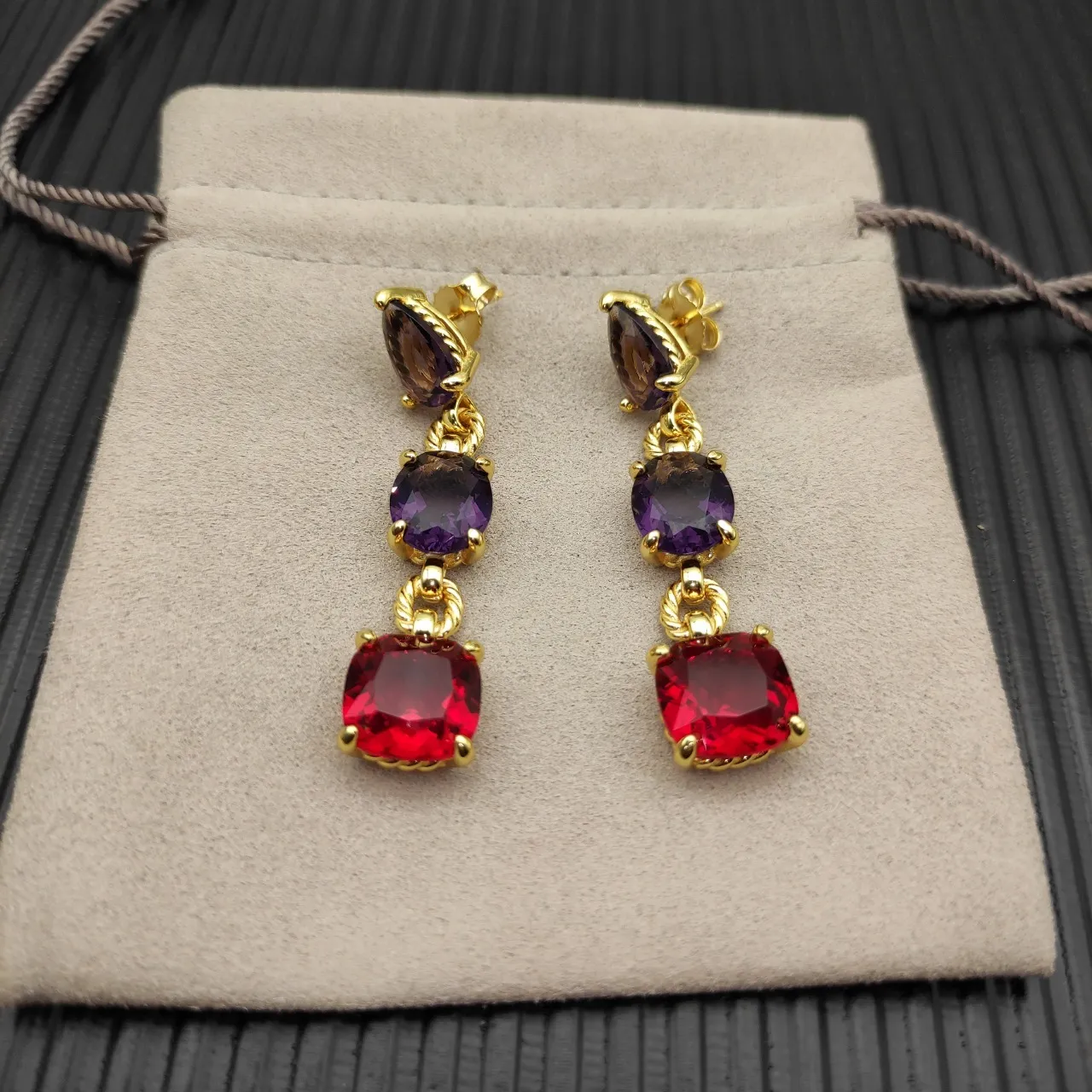 Three-Stone Purple and Red Gemstone Drop Earrings 4