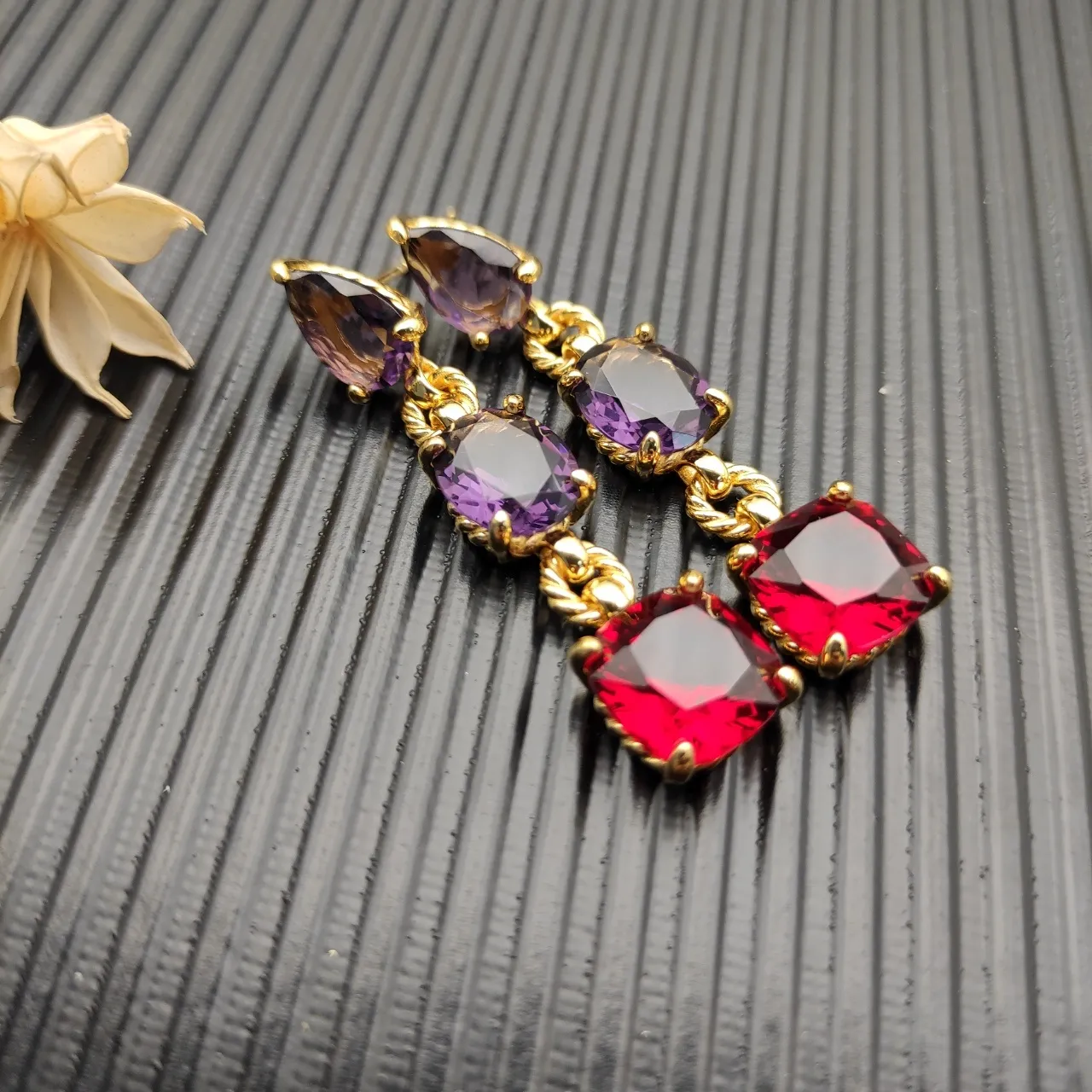 Three-Stone Purple and Red Gemstone Drop Earrings 5