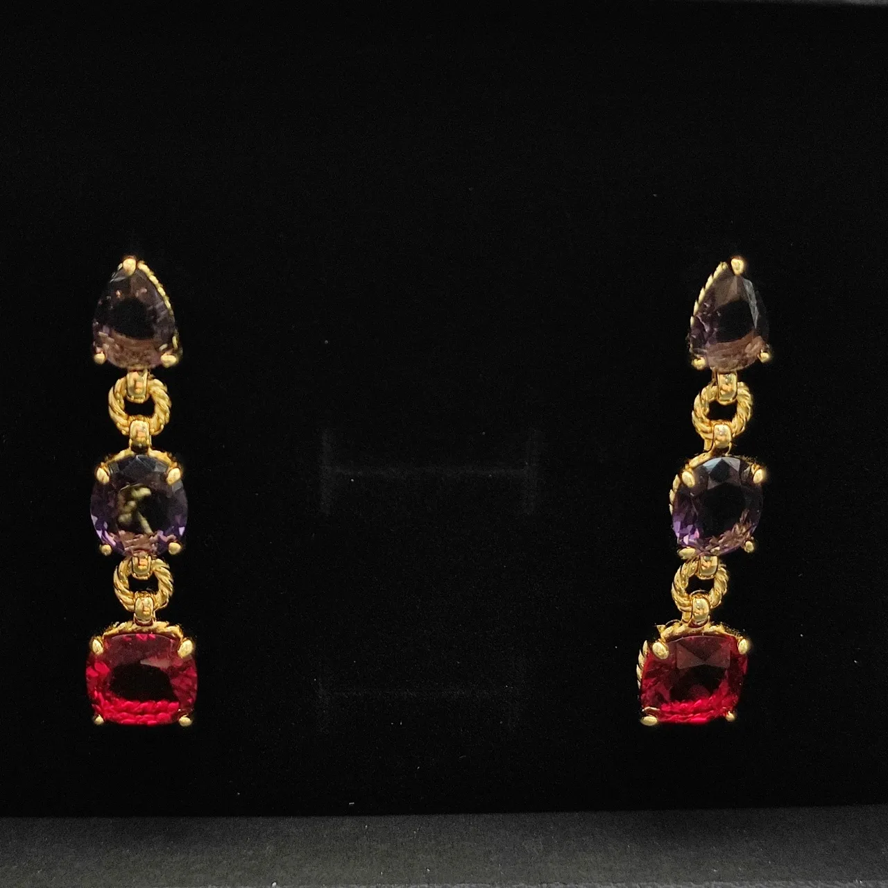 Three-Stone Purple and Red Gemstone Drop Earrings 6