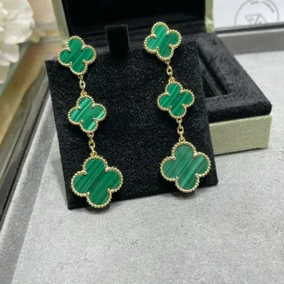 Three-Tier Clover-Shaped Malachite Stone Gold-Tone Dangling Earrings