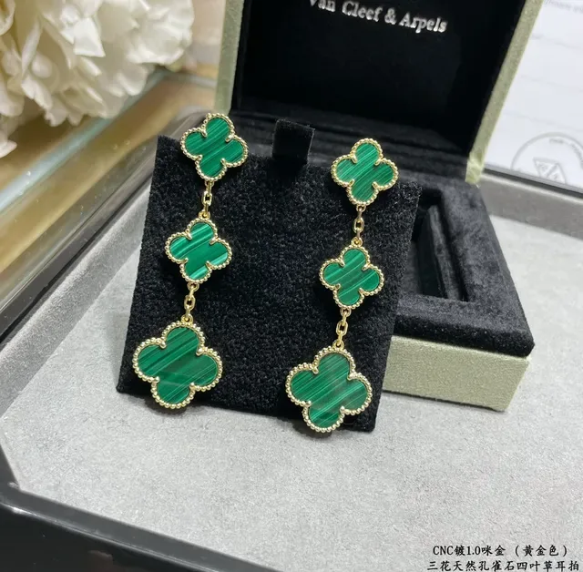 Three-Tier Clover-Shaped Malachite Stone Gold-Tone Dangling Earrings 8