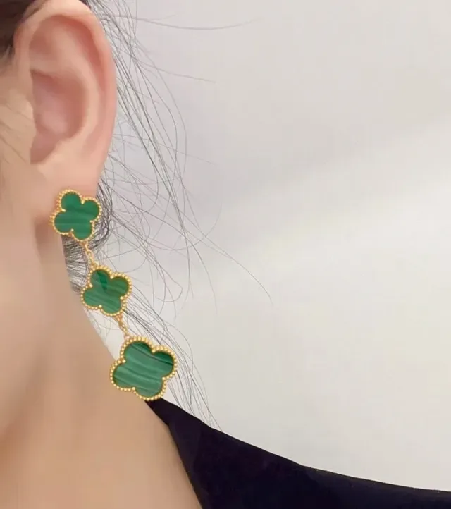 Three-Tier Clover-Shaped Malachite Stone Gold-Tone Dangling Earrings 9