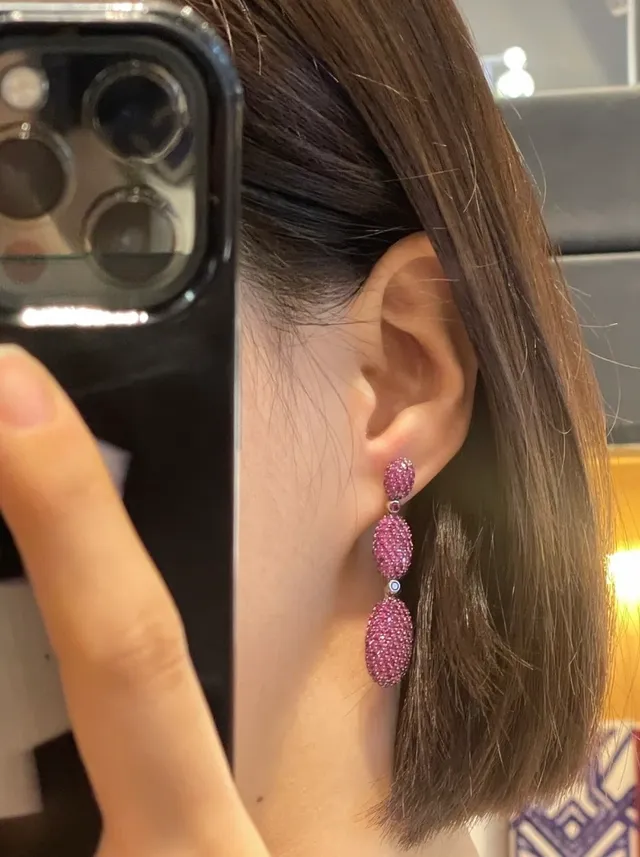 Three-Tier Oval Pavé Gemstone Drop Earrings 3