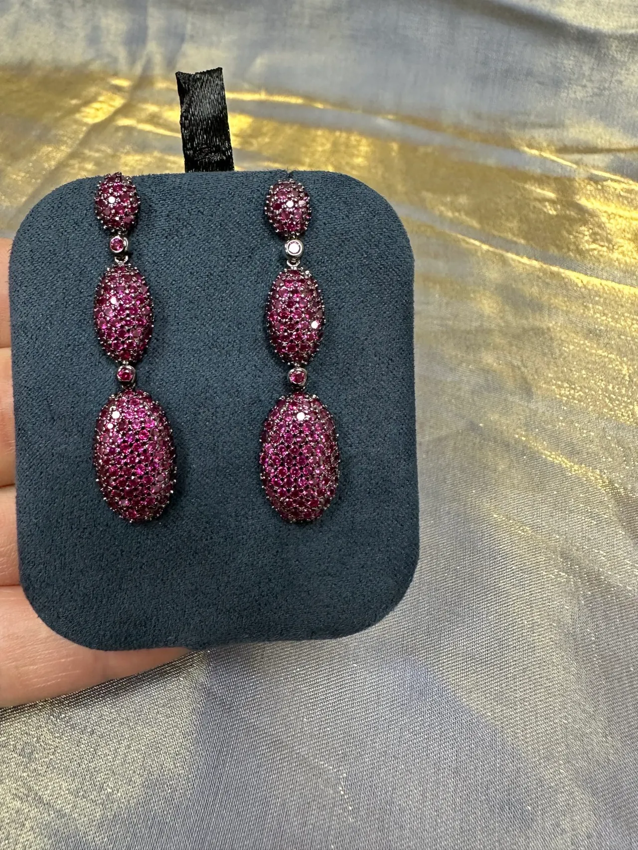 Three-Tier Oval Pavé Gemstone Drop Earrings 9