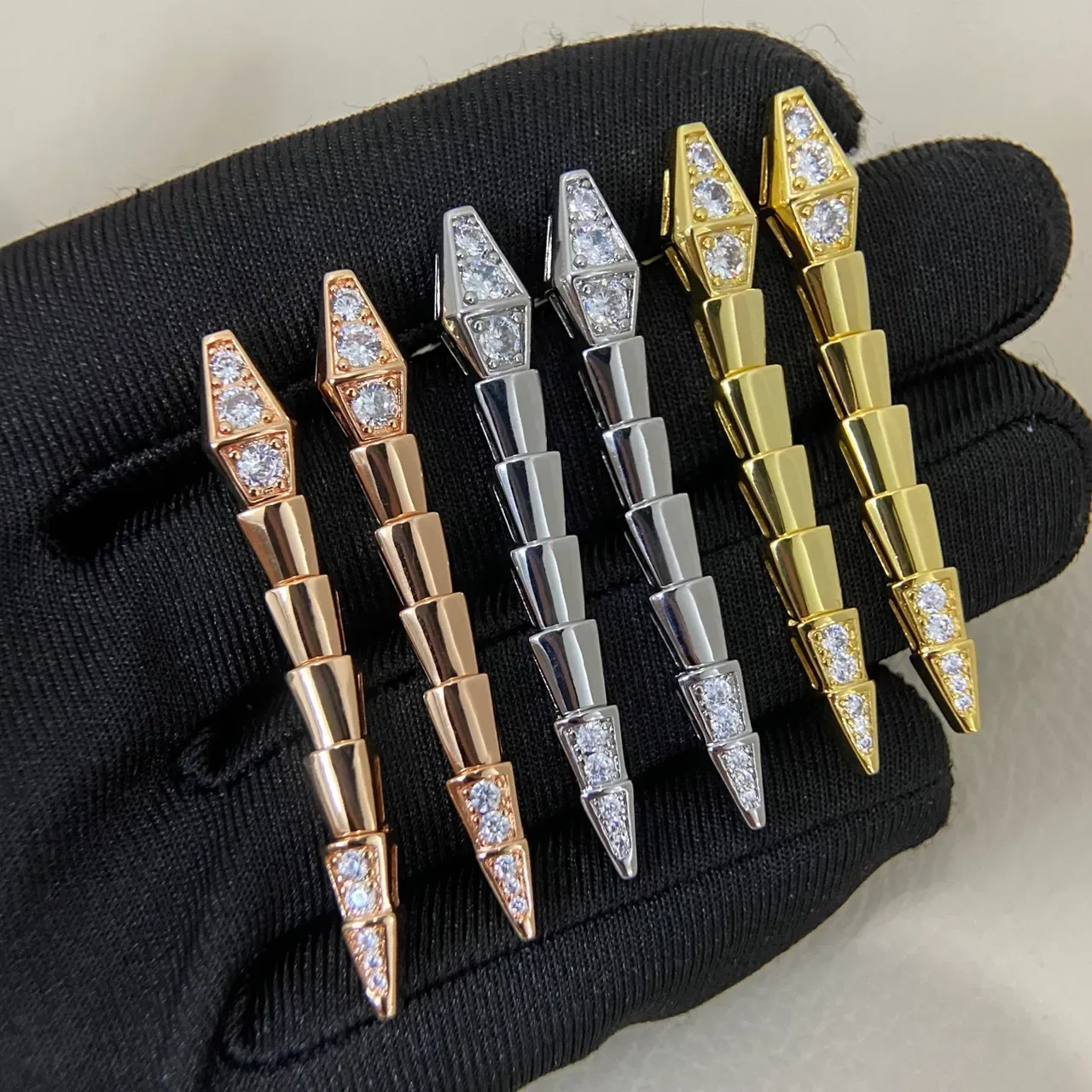 Tri-Color Spiked Geometric Pavé Earrings 1