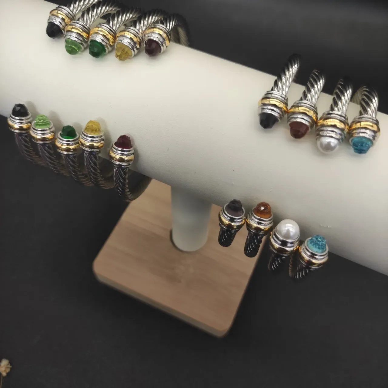 Twisted Cable Gemstone-Tipped Open Bangle Bracelet 6