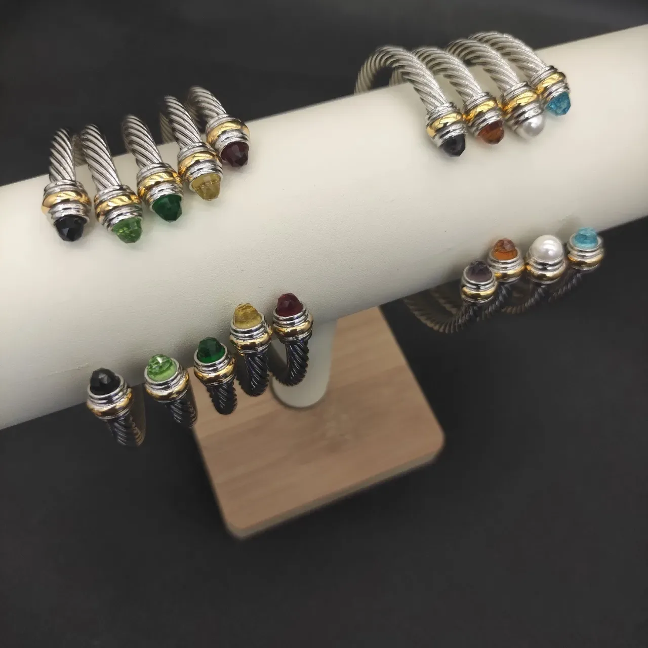 Twisted Cable Gemstone-Tipped Open Bangle Bracelet 7