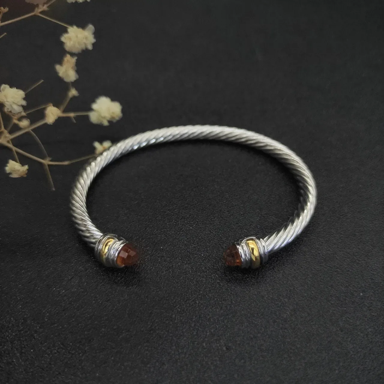 Twisted Cable Gemstone-Tipped Open Bangle Bracelet 8
