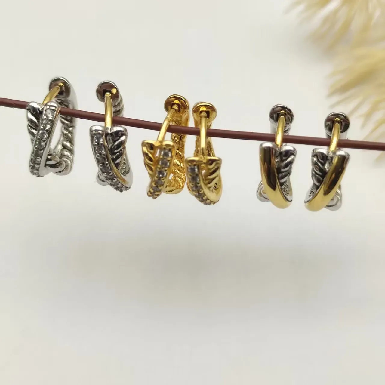Twisted Rope Motif Two-Tone and Pavé Mini Hoop Earrings 3