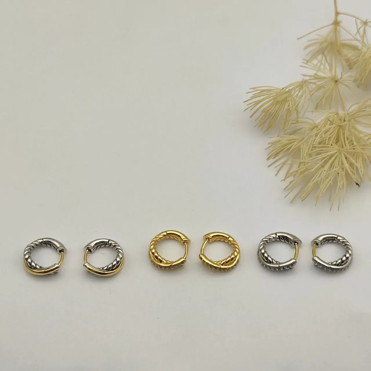 Twisted Rope Motif Two-Tone and Pavé Mini Hoop Earrings 4