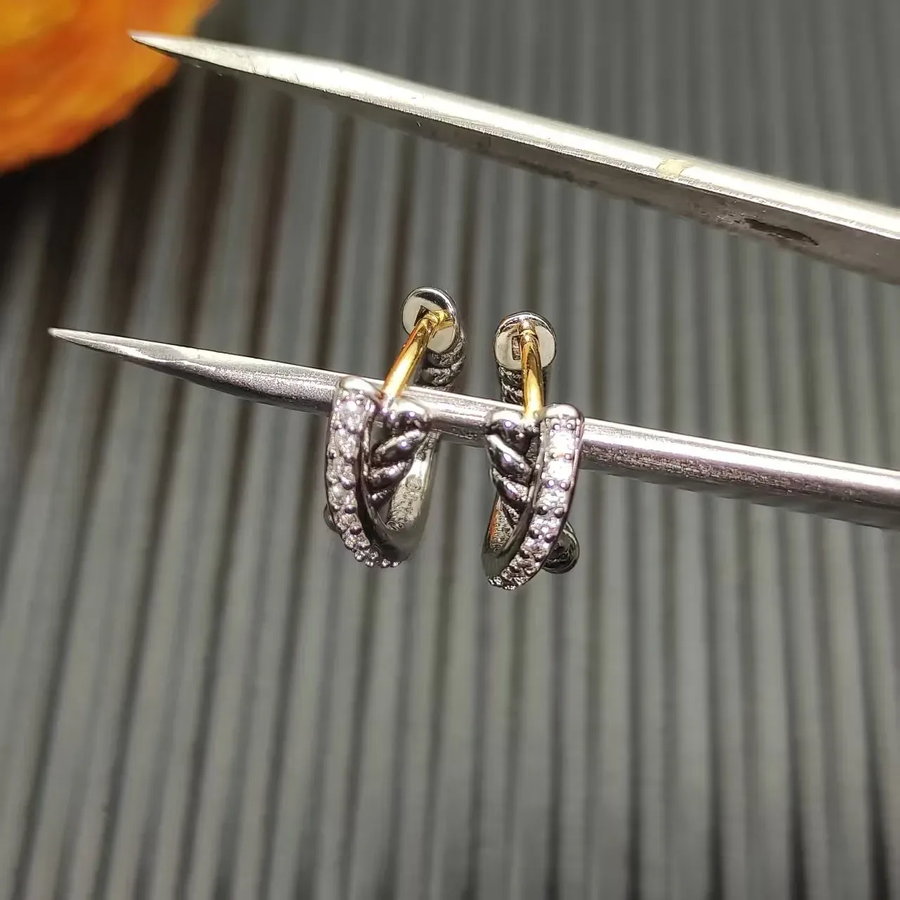 Twisted Rope Motif Two-Tone and Pavé Mini Hoop Earrings 7