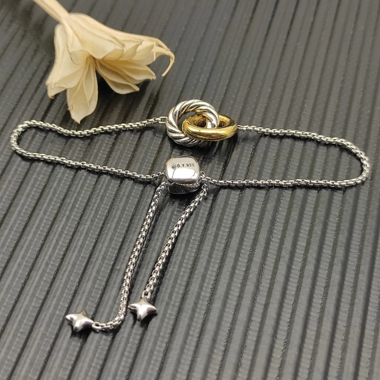 Two-Tone Knot Charm Adjustable Box Chain Bracelet 7