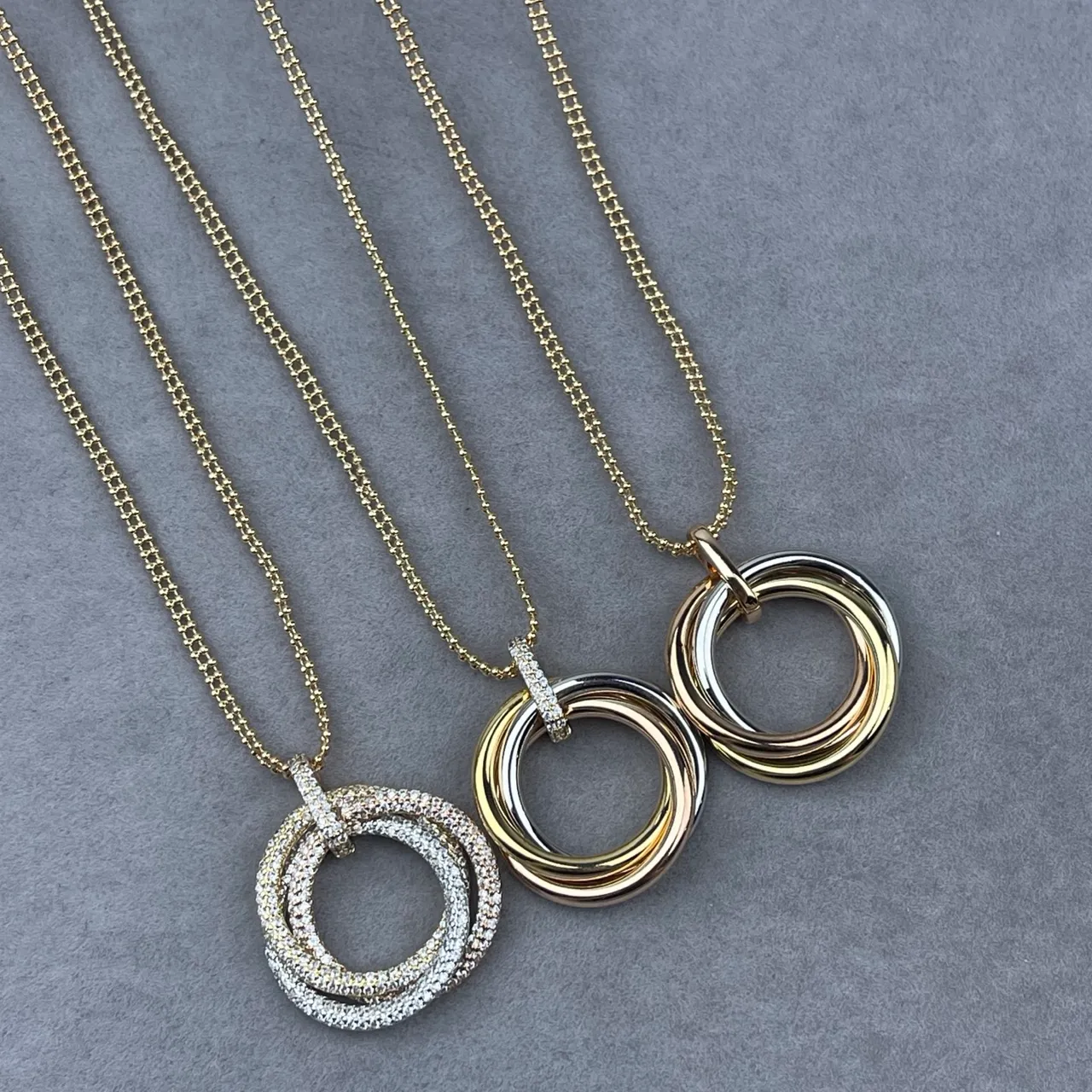 Two-Tone Pavé Interlocking Ring Pendant Necklace 2