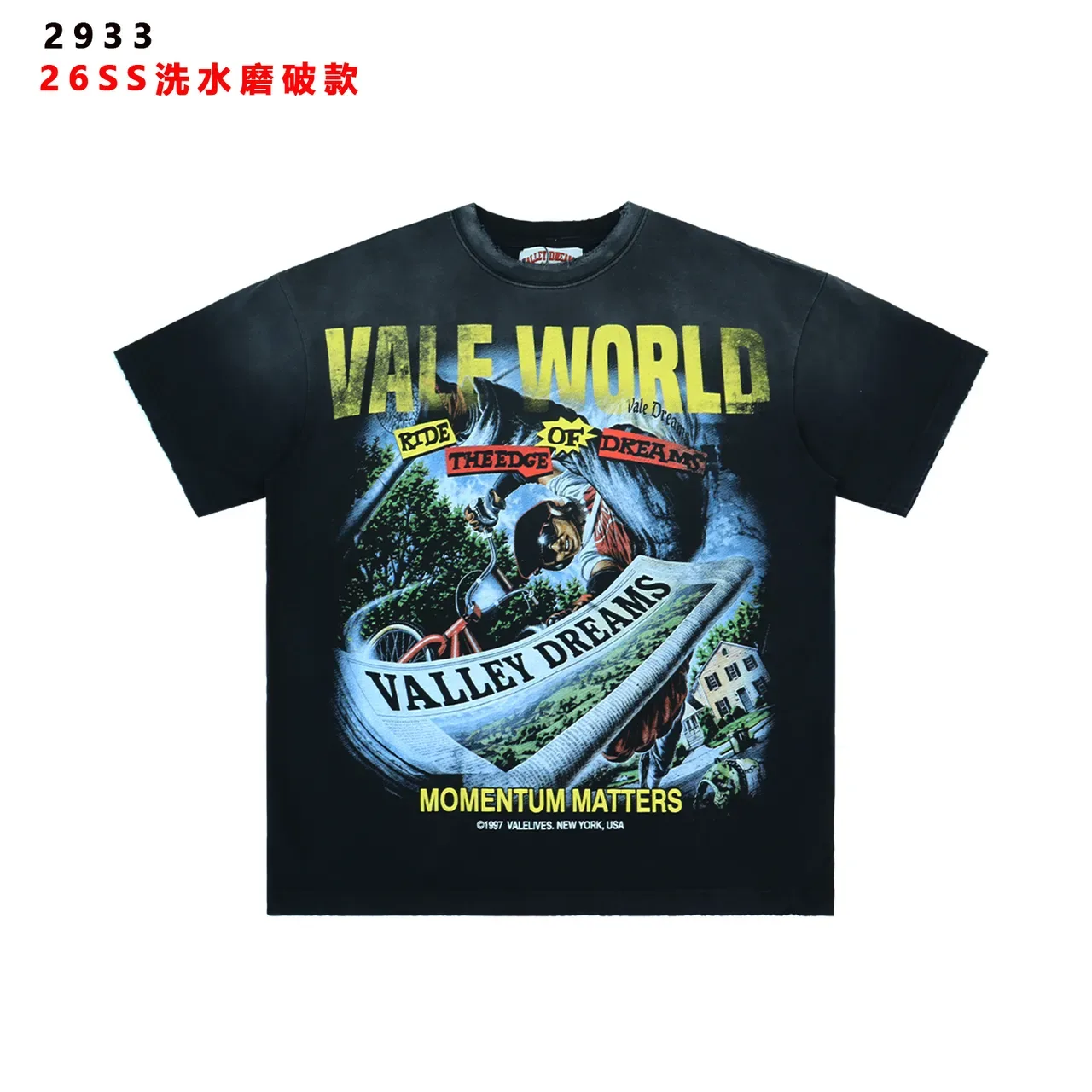 Vale Lives Valley Dreams Graphic Print Distressed Black T-Shirt 3